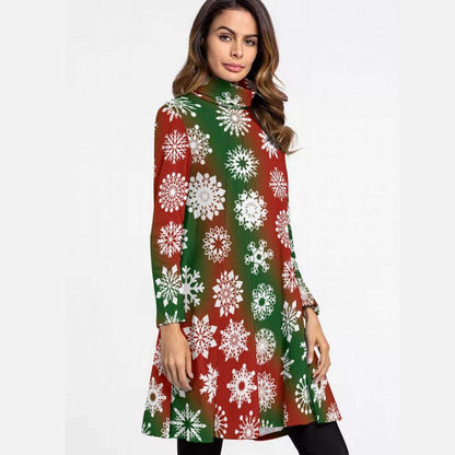 Red and Green High Neck Snowflake Mini Dress - Elegant Above the Knee Winter Design, Christmas Party Cocktail Dress