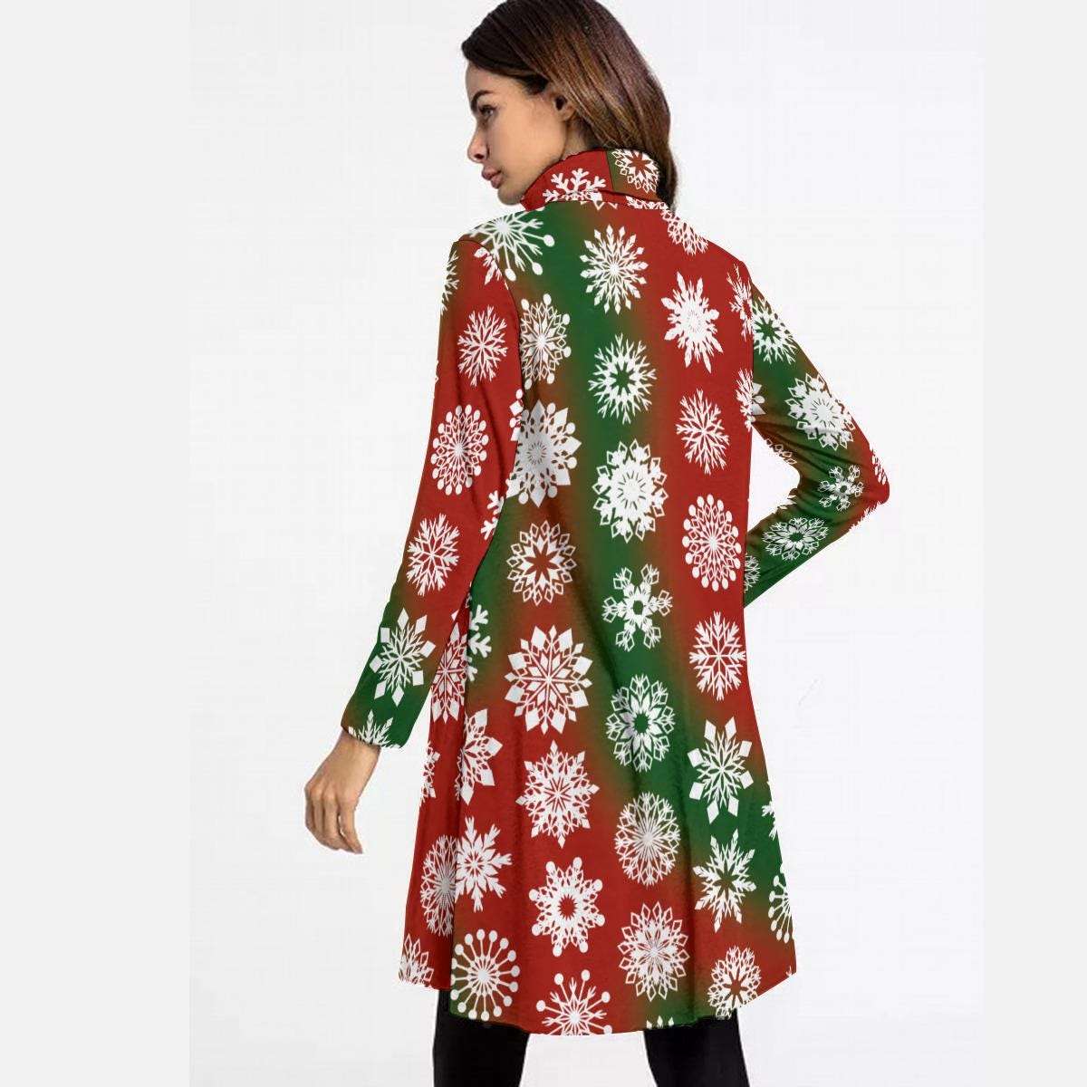 Red and Green High Neck Snowflake Mini Dress - Elegant Above the Knee Winter Design, Christmas Party Cocktail Dress