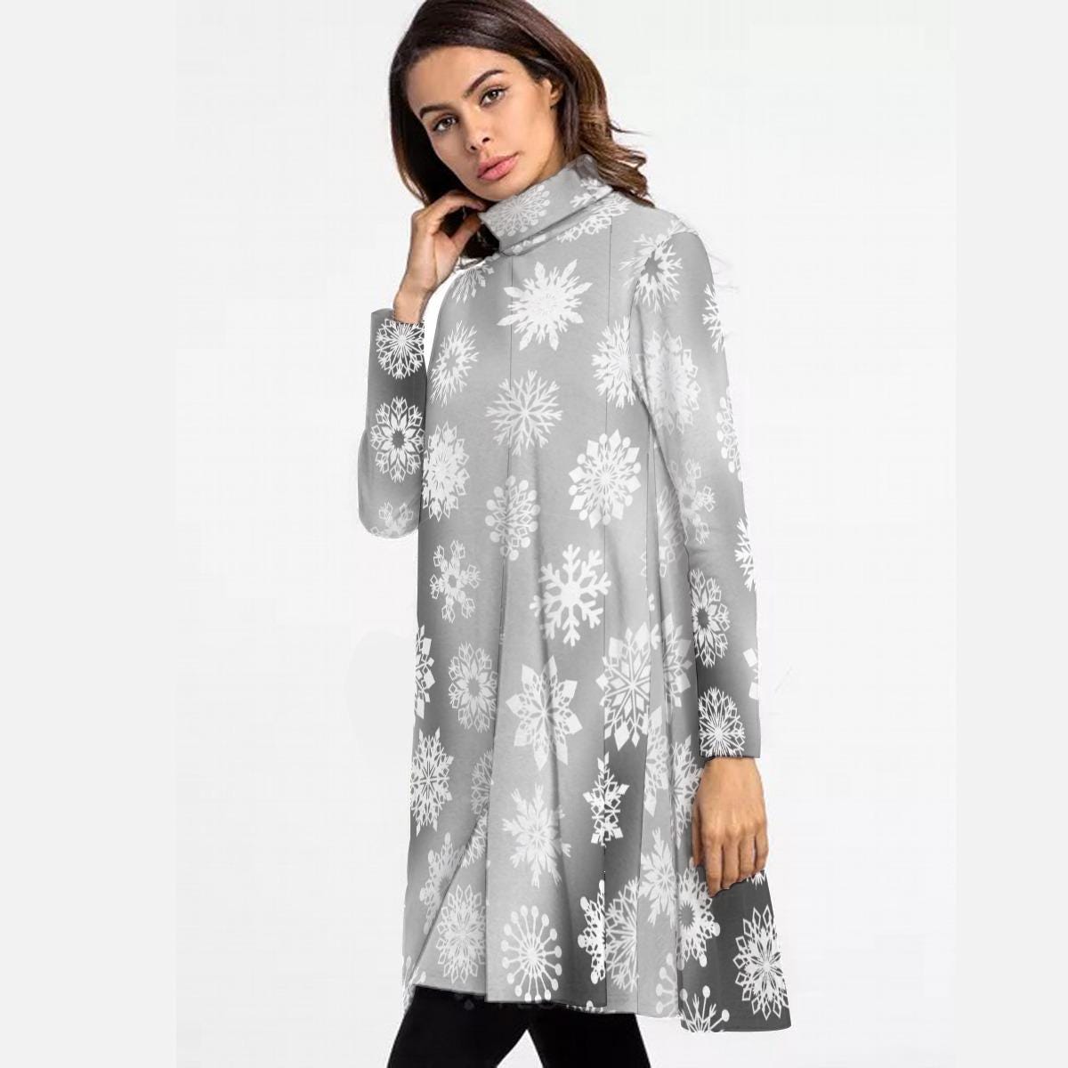 Women's High Neck Long Sleeve Dress, Elegant Floral Print, Fashionable Dress, Trendy Fall Outfit, Women's Clothing, Fashionable Midi Dress - Printspirationz