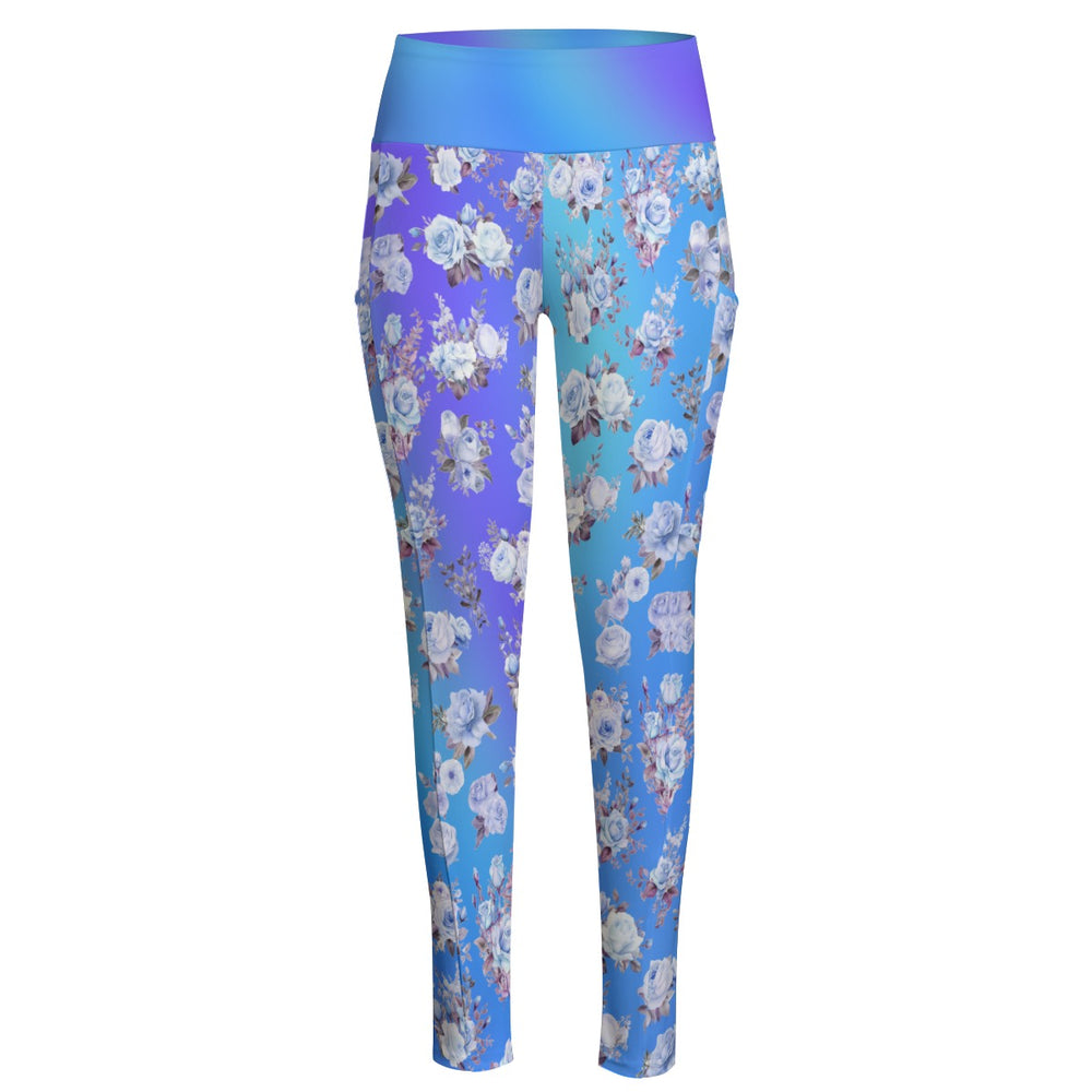 High Waist Yoga Leggings with Side Pockets Blue Floral Pattern - Satin Drill Fabric for Women’s Activewear