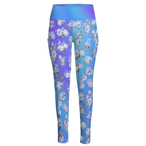 High Waist Yoga Leggings with Side Pockets Blue Floral Pattern - Satin Drill Fabric for Women’s Activewear