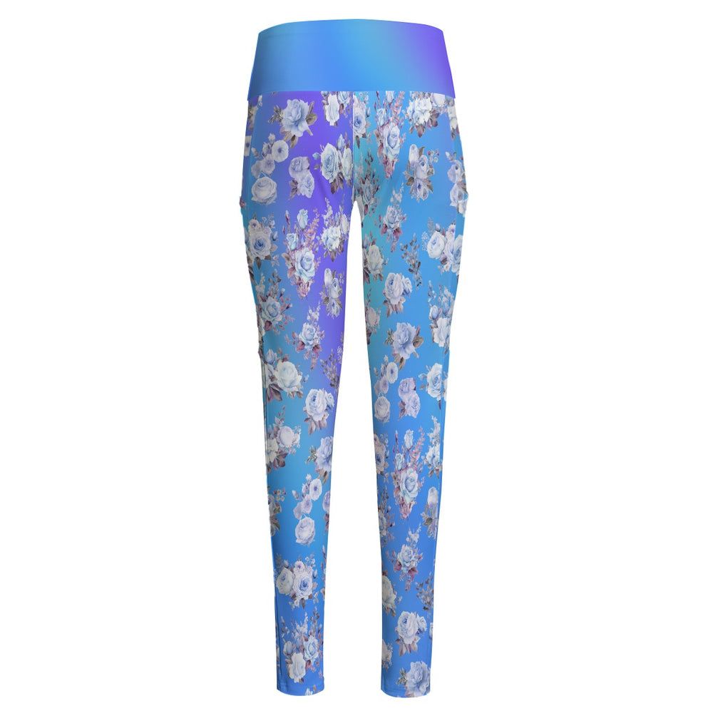 High Waist Yoga Leggings with Side Pockets Blue Floral Pattern - Satin Drill Fabric for Women’s Activewear