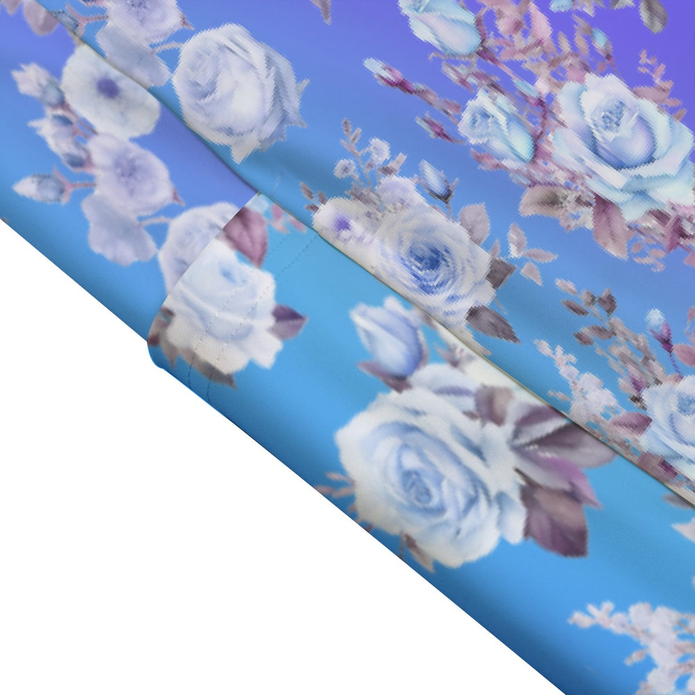 High Waist Yoga Leggings with Side Pockets Blue Floral Pattern - Satin Drill Fabric for Women’s Activewear