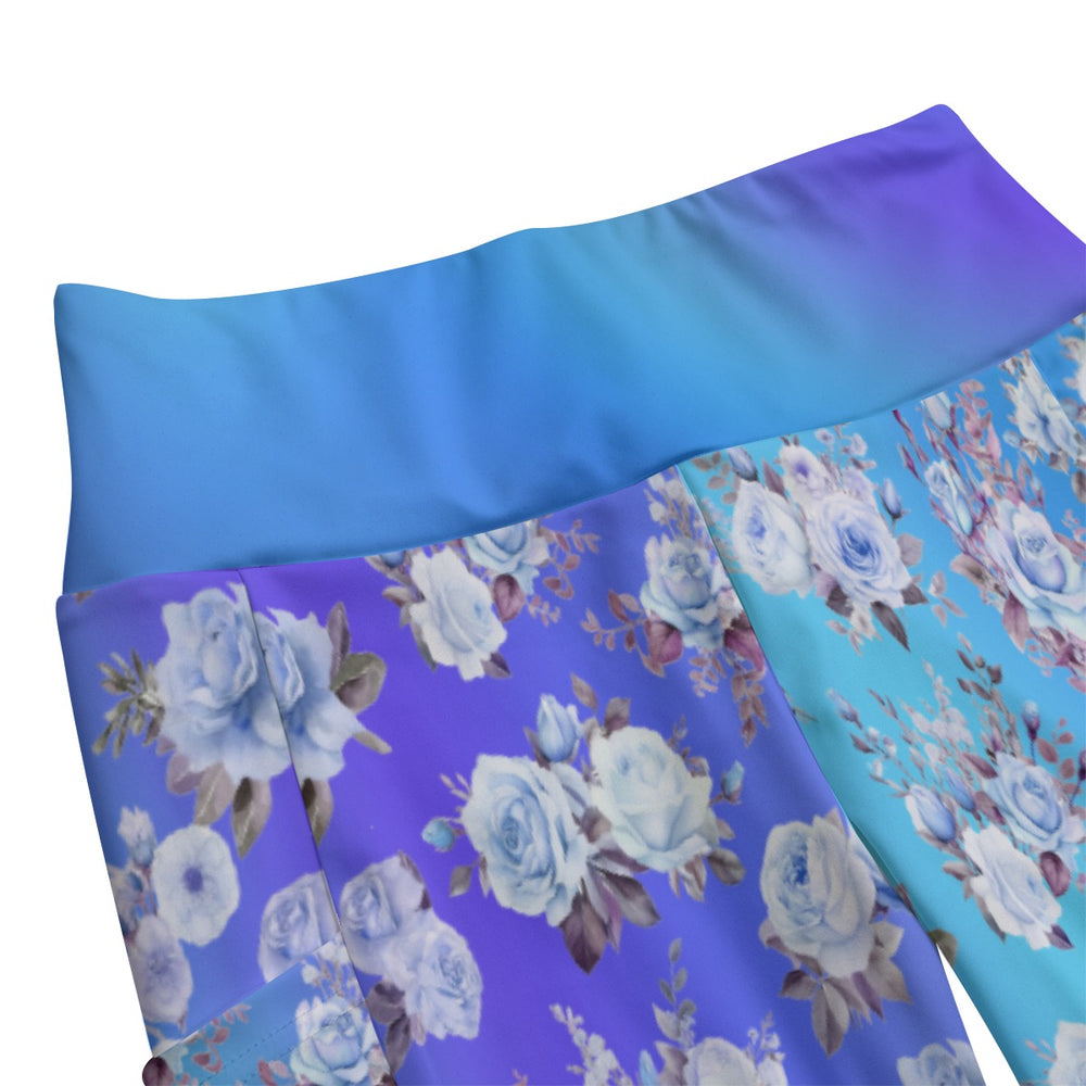 High Waist Yoga Leggings with Side Pockets Blue Floral Pattern - Satin Drill Fabric for Women’s Activewear
