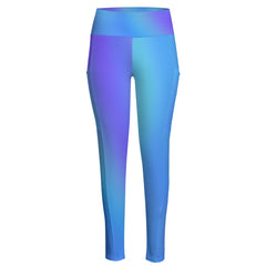 High Waist Yoga Leggings with Side Pockets Blue Gradient – Satin Drill Fabric for Women’s Activewear