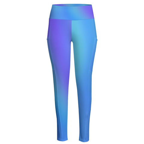 High Waist Yoga Leggings with Side Pockets Blue Gradient – Satin Drill Fabric for Women’s Activewear