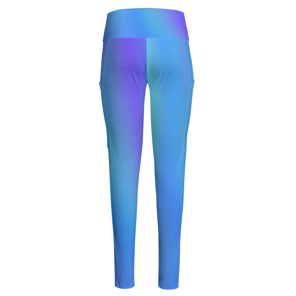 High Waist Yoga Leggings with Side Pockets Blue Gradient – Satin Drill Fabric for Women’s Activewear