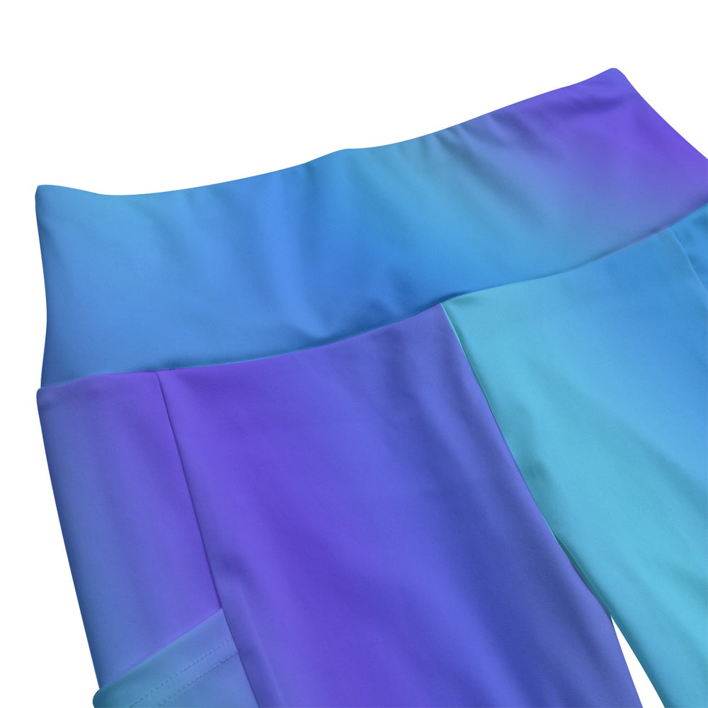 High Waist Yoga Leggings with Side Pockets Blue Gradient – Satin Drill Fabric for Women’s Activewear