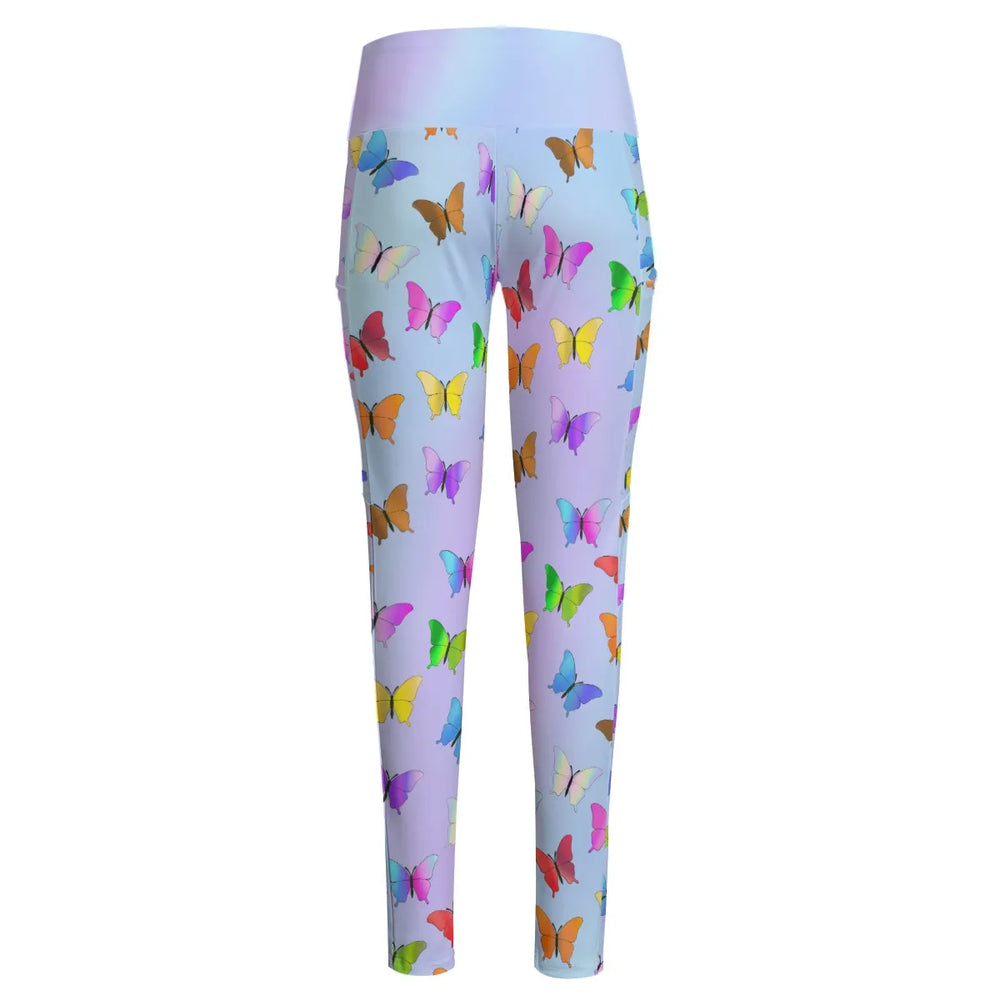 High Waist Yoga Leggings with Side Pockets Butterfly Pattern on a Light Blue Gradient Background – Satin Drill Fabric for Women’s Activewear