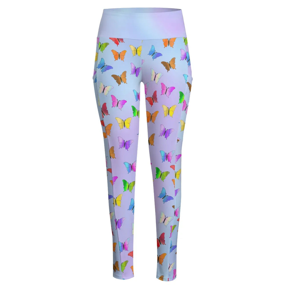 High Waist Yoga Leggings with Side Pockets Butterfly Pattern on a Light Blue Gradient Background – Satin Drill Fabric for Women’s Activewear