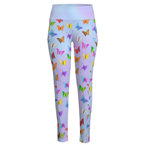 High Waist Yoga Leggings with Side Pockets Butterfly Pattern on a Light Blue Gradient Background – Satin Drill Fabric for Women’s Activewear