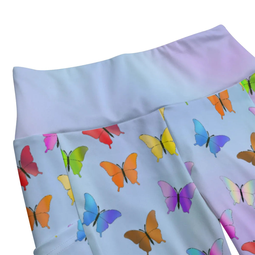 High Waist Yoga Leggings with Side Pockets Butterfly Pattern on a Light Blue Gradient Background – Satin Drill Fabric for Women’s Activewear