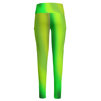 High Waist Yoga Leggings with Side Pockets Green Gradient – Satin Drill Fabric for Women’s Activewear - Printspirationz