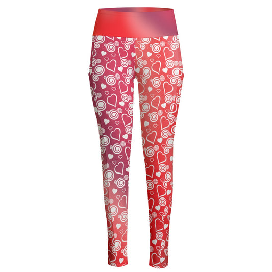 High Waist Yoga Leggings with Side Pockets Hearts and Swirls Pattern on a Red Gradient Background – Satin Drill Fabric for Women’s Activewear - Printspirationz