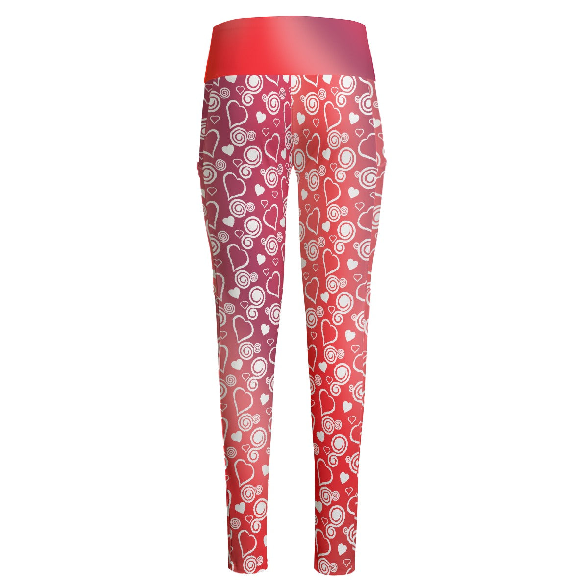 High Waist Yoga Leggings with Side Pockets Hearts and Swirls Pattern on a Red Gradient Background – Satin Drill Fabric for Women’s Activewear - Printspirationz