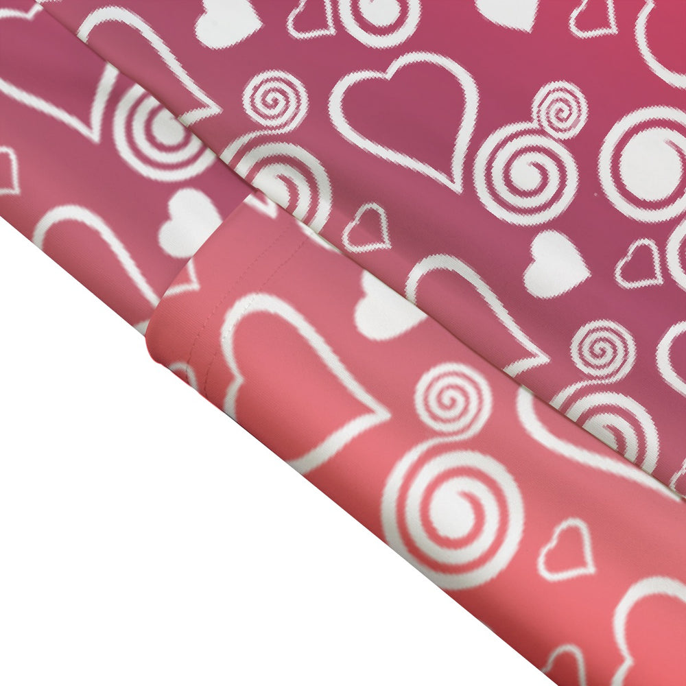 High Waist Yoga Leggings with Side Pockets Hearts and Swirls Pattern on a Red Gradient Background – Satin Drill Fabric for Women’s Activewear