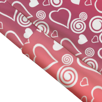 High Waist Yoga Leggings with Side Pockets Hearts and Swirls Pattern on a Red Gradient Background – Satin Drill Fabric for Women’s Activewear - Printspirationz
