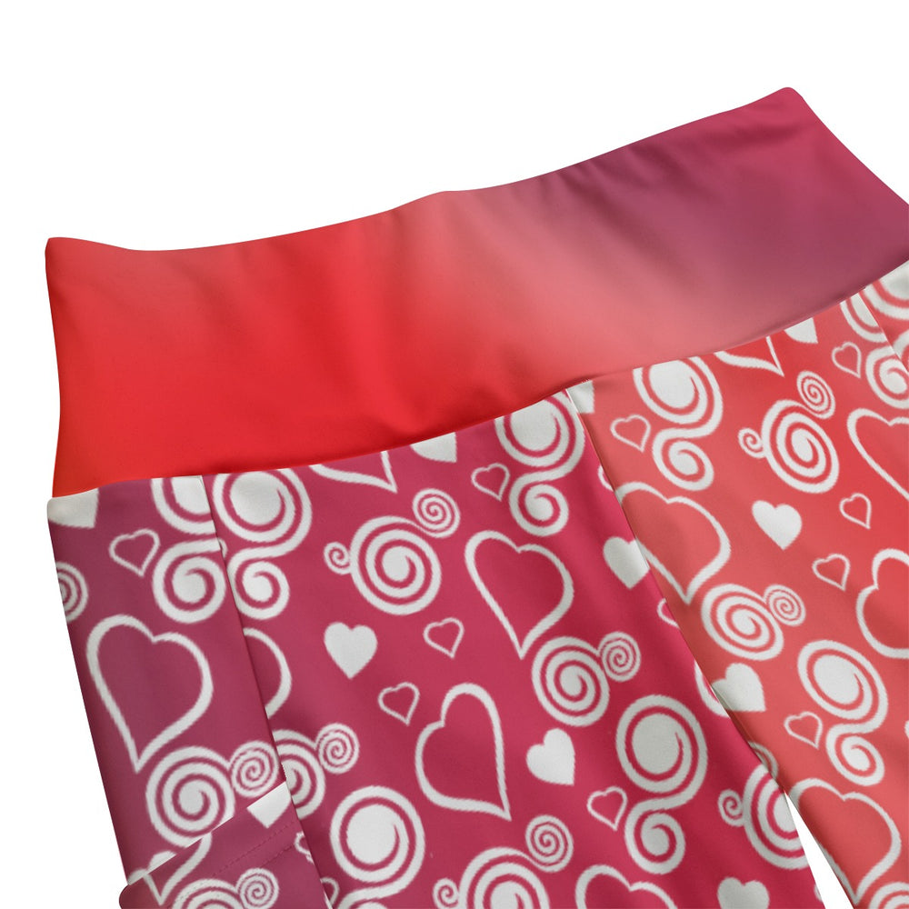 High Waist Yoga Leggings with Side Pockets Hearts and Swirls Pattern on a Red Gradient Background – Satin Drill Fabric for Women’s Activewear