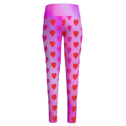 High Waist Yoga Leggings with Side Pockets Hearts Pattern on a Pink Gradient Background  – Satin Drill Fabric for Women’s Activewear - Printspirationz