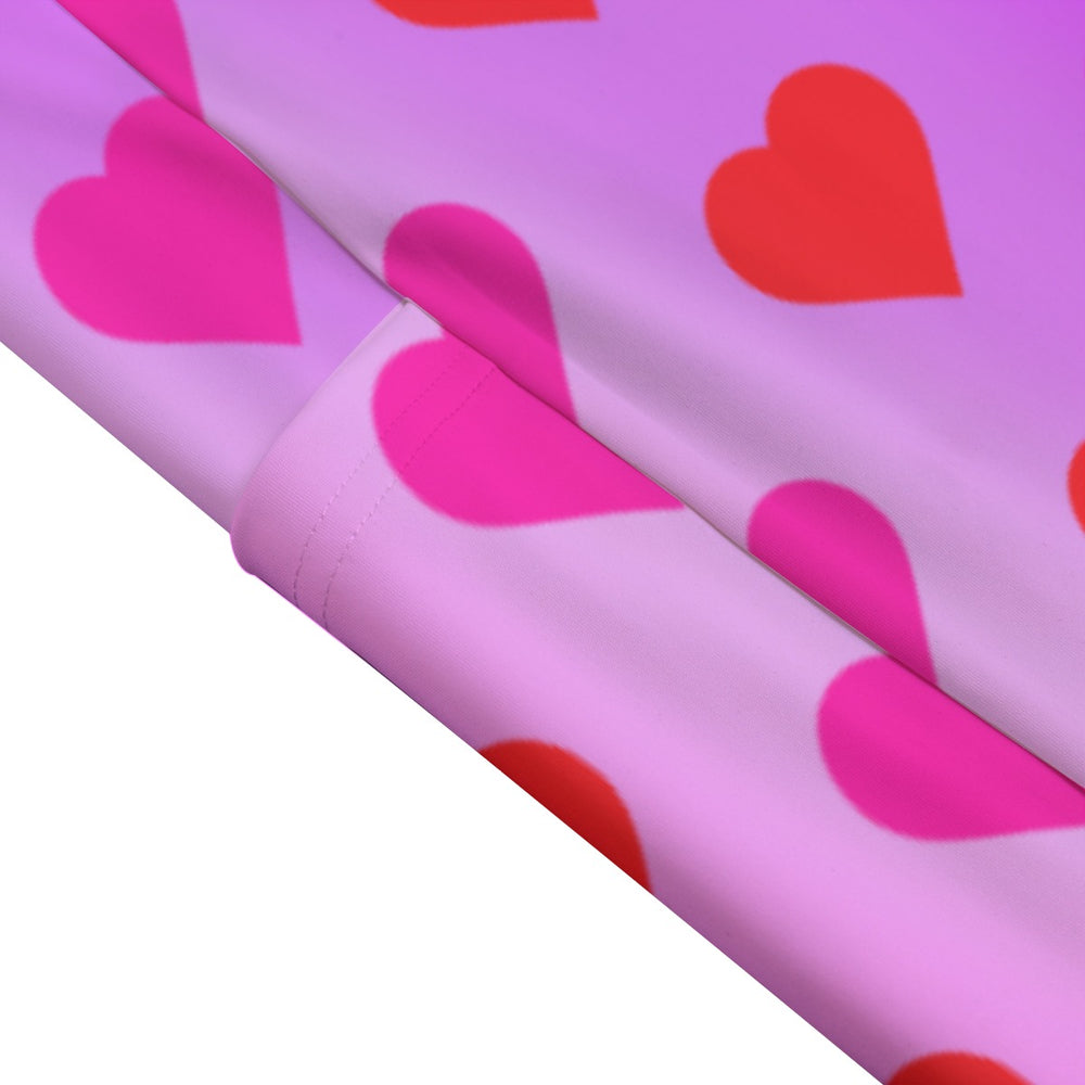 High Waist Yoga Leggings with Side Pockets Hearts Pattern on a Pink Gradient Background  – Satin Drill Fabric for Women’s Activewear