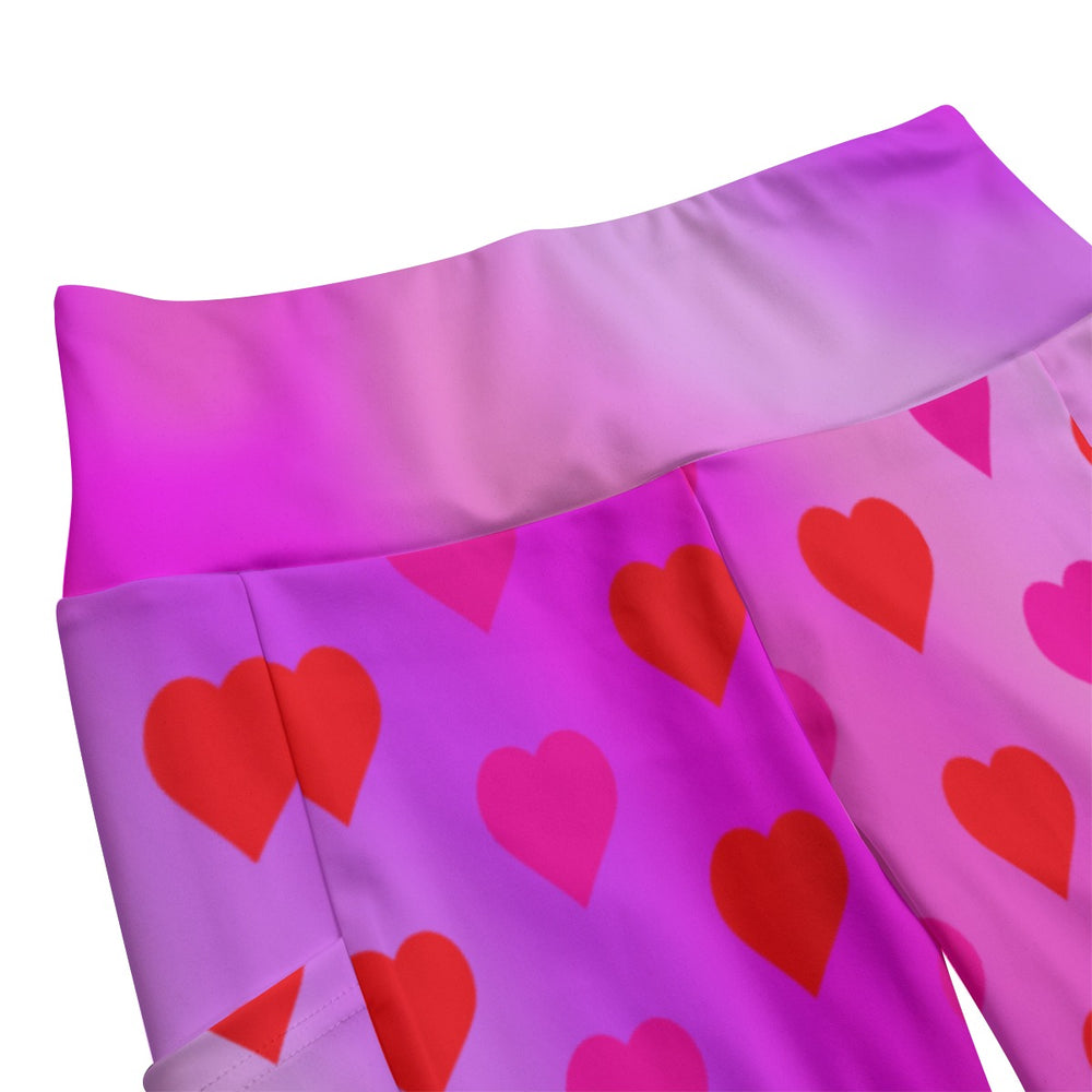 High Waist Yoga Leggings with Side Pockets Hearts Pattern on a Pink Gradient Background  – Satin Drill Fabric for Women’s Activewear