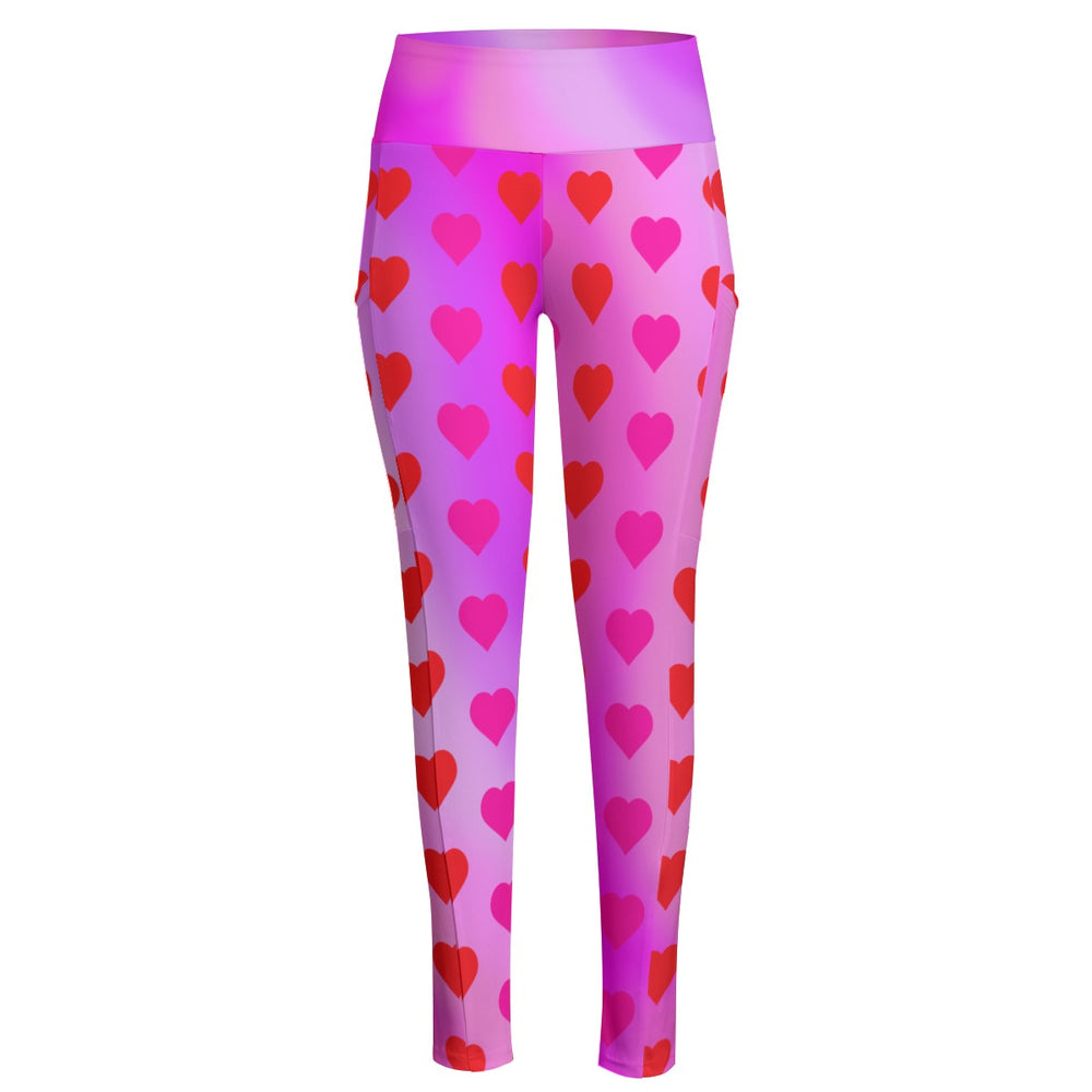 High Waist Yoga Leggings with Side Pockets Hearts Pattern on a Pink Gradient Background  – Satin Drill Fabric for Women’s Activewear