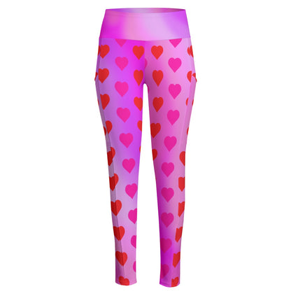 High Waist Yoga Leggings with Side Pockets Hearts Pattern on a Pink Gradient Background  – Satin Drill Fabric for Women’s Activewear - Printspirationz