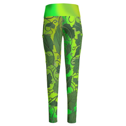 High Waist Yoga Leggings with Side Pockets Leaves and Vines Design on a Green Gradient Background – Satin Drill Fabric for Women’s Activewear - Printspirationz