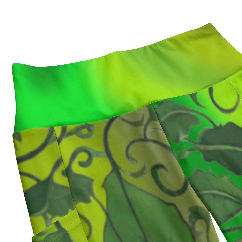 High Waist Yoga Leggings with Side Pockets Leaves and Vines Design on a Green Gradient Background – Satin Drill Fabric for Women’s Activewear