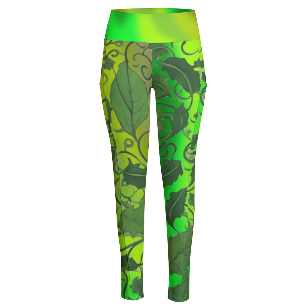 High Waist Yoga Leggings with Side Pockets Leaves and Vines Design on a Green Gradient Background – Satin Drill Fabric for Women’s Activewear