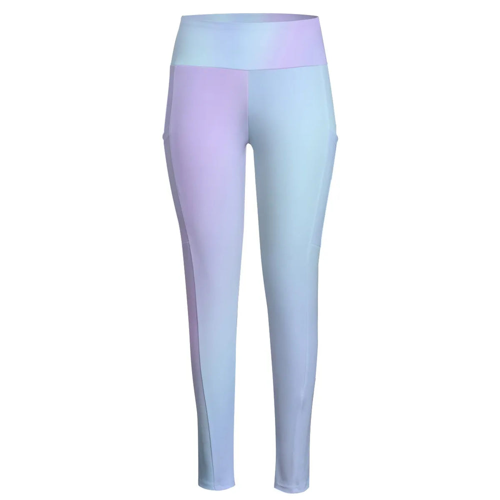High Waist Yoga Leggings with Side Pockets Light Blue Gradient – Satin Drill Fabric for Women’s Activewear