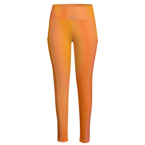High Waist Yoga Leggings with Side Pockets Orange Gradient – Satin Drill Fabric for Women’s Activewear