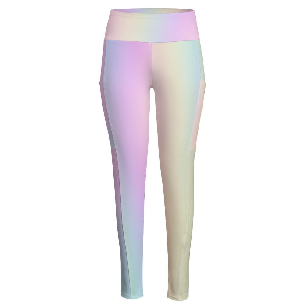High Waist Yoga Leggings with Side Pockets Pastel Rainbow Gradient – Satin Drill Fabric for Women’s Activewear