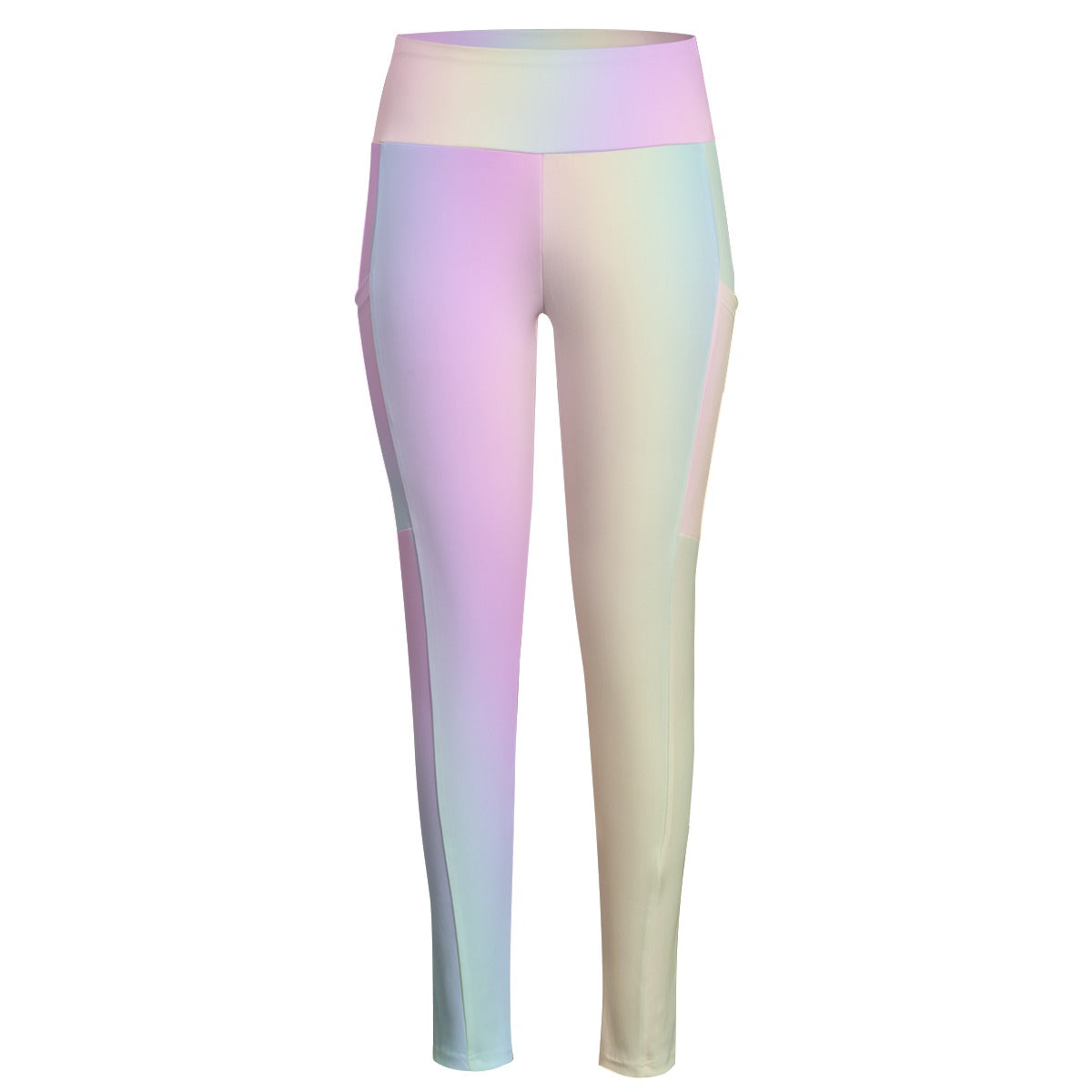 High Waist Yoga Leggings with Side Pockets Pastel Rainbow Gradient – Satin Drill Fabric for Women’s Activewear - Printspirationz