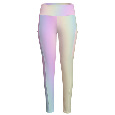 High Waist Yoga Leggings with Side Pockets Pastel Rainbow Gradient – Satin Drill Fabric for Women’s Activewear