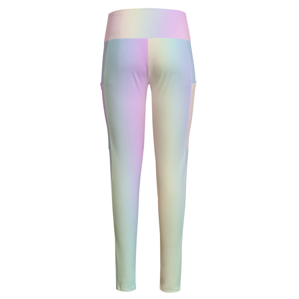 High Waist Yoga Leggings with Side Pockets Pastel Rainbow Gradient – Satin Drill Fabric for Women’s Activewear
