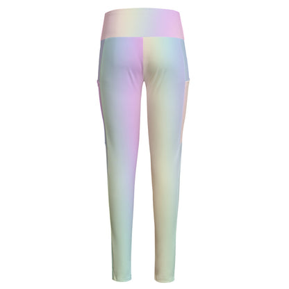 High Waist Yoga Leggings with Side Pockets Pastel Rainbow Gradient – Satin Drill Fabric for Women’s Activewear - Printspirationz