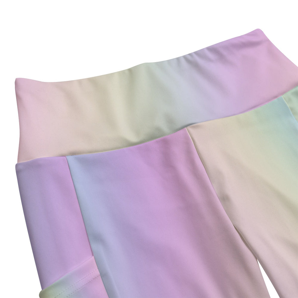 High Waist Yoga Leggings with Side Pockets Pastel Rainbow Gradient – Satin Drill Fabric for Women’s Activewear