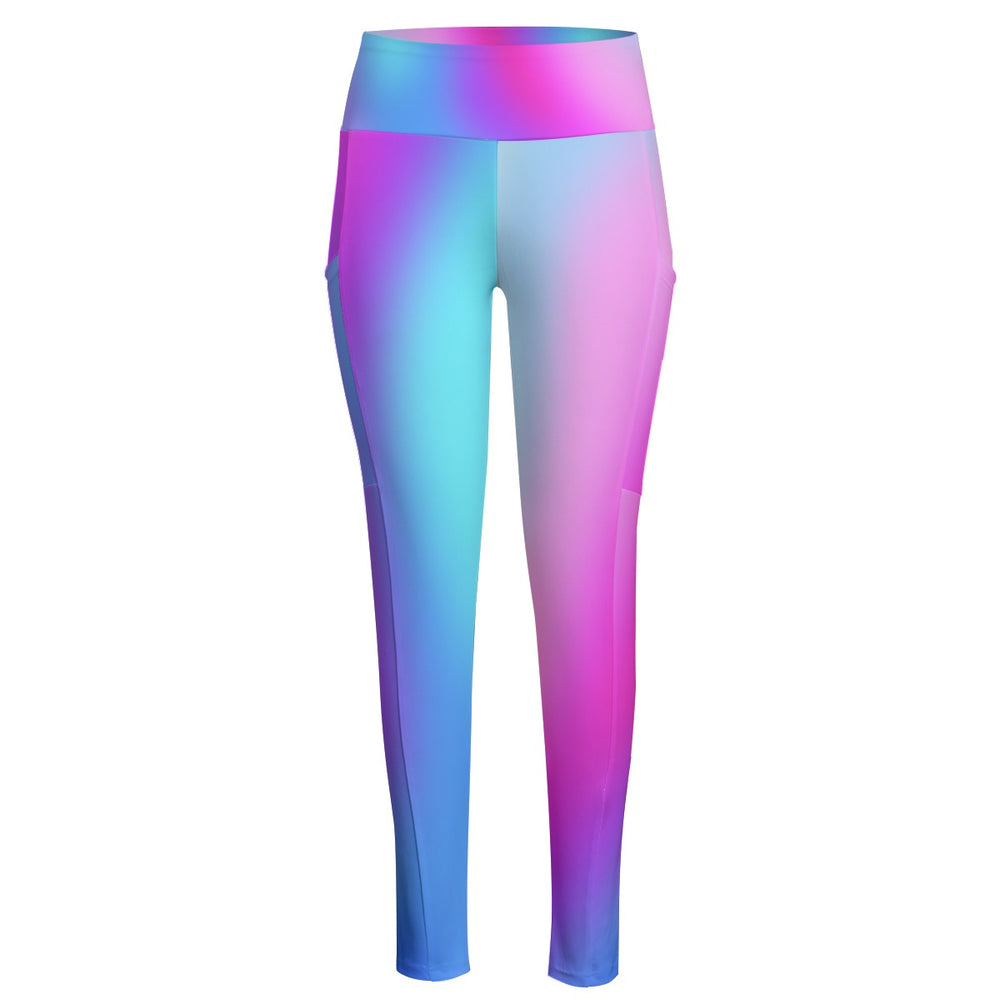 High Waist Yoga Leggings with Side Pockets Pink, Blue, and Purple Gradient – Satin Drill Fabric for Women’s Activewear