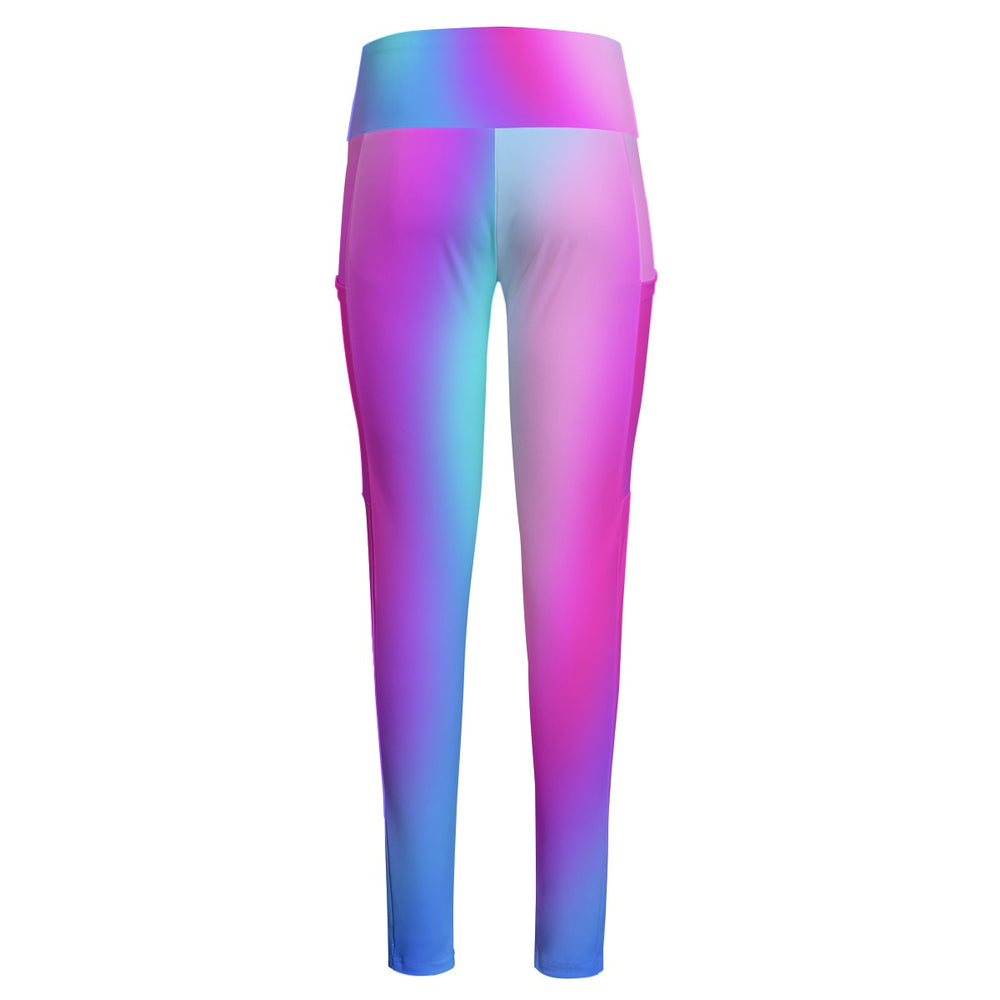 High Waist Yoga Leggings with Side Pockets Pink, Blue, and Purple Gradient – Satin Drill Fabric for Women’s Activewear