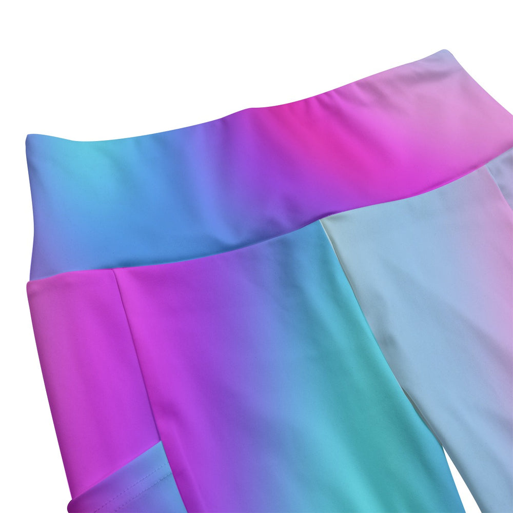 High Waist Yoga Leggings with Side Pockets Pink, Blue, and Purple Gradient – Satin Drill Fabric for Women’s Activewear