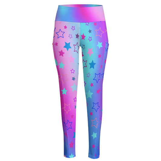 High Waist Yoga Leggings with Side Pockets Pink, Blue, and Purple Stars Pattern Design – Satin Drill Fabric for Women’s Activewear - Printspirationz
