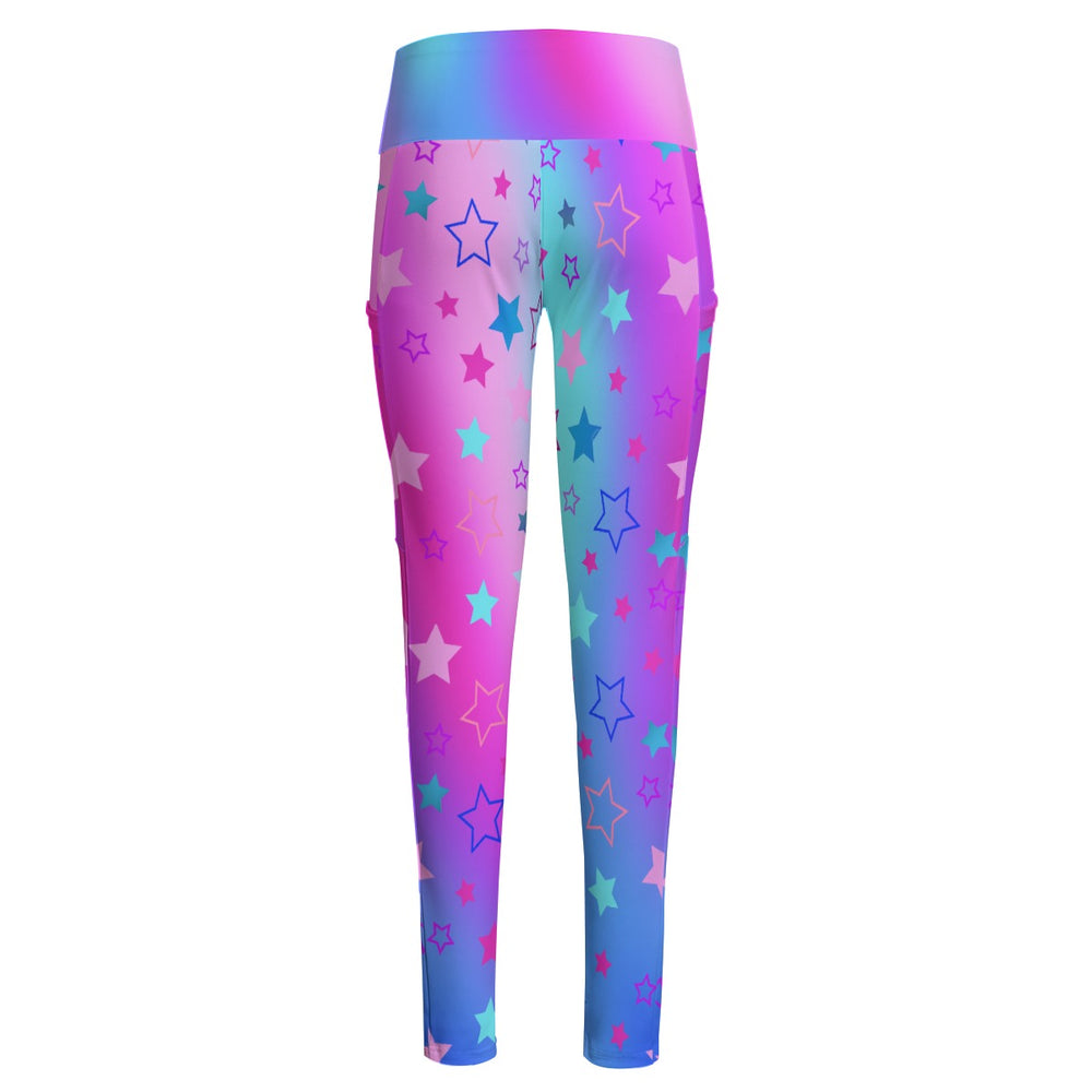 High Waist Yoga Leggings with Side Pockets Pink, Blue, and Purple Stars Pattern Design – Satin Drill Fabric for Women’s Activewear