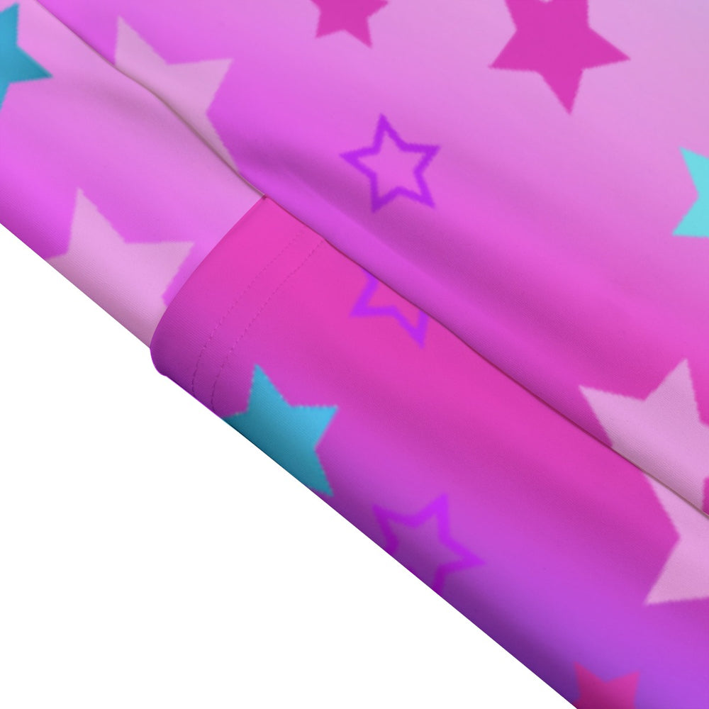 High Waist Yoga Leggings with Side Pockets Pink, Blue, and Purple Stars Pattern Design – Satin Drill Fabric for Women’s Activewear