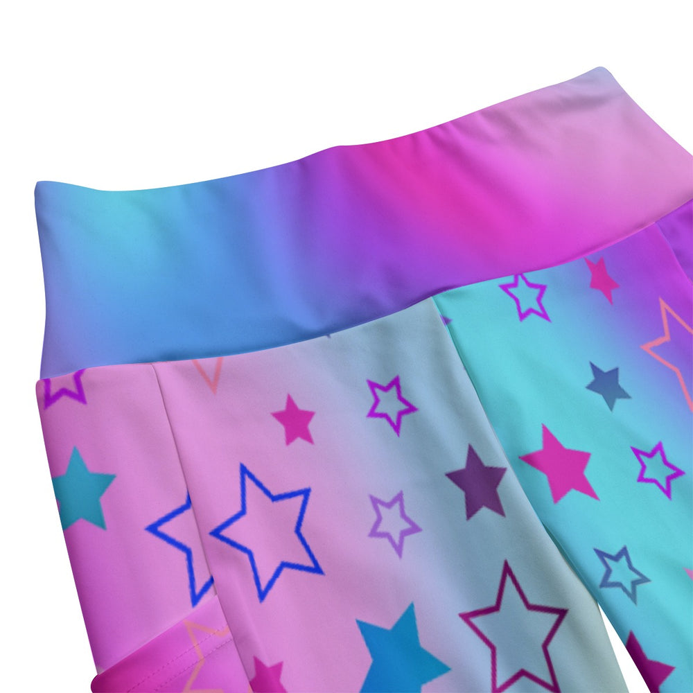 High Waist Yoga Leggings with Side Pockets Pink, Blue, and Purple Stars Pattern Design – Satin Drill Fabric for Women’s Activewear