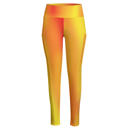 High Waist Yoga Leggings with Side Pockets Red, Orange, Yellow Gradient – Satin Drill Fabric for Women’s Activewear - Printspirationz