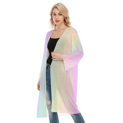 Pastel Rainbow Mesh Transparent Knee Length Cardigan - Lightweight Summer Layering Piece - Printspirationz