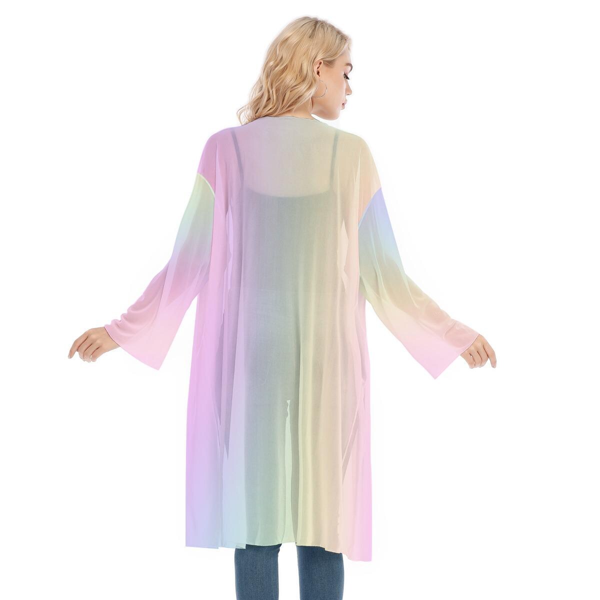 Pastel Rainbow Mesh Transparent Knee Length Cardigan - Lightweight Summer Layering Piece - Printspirationz