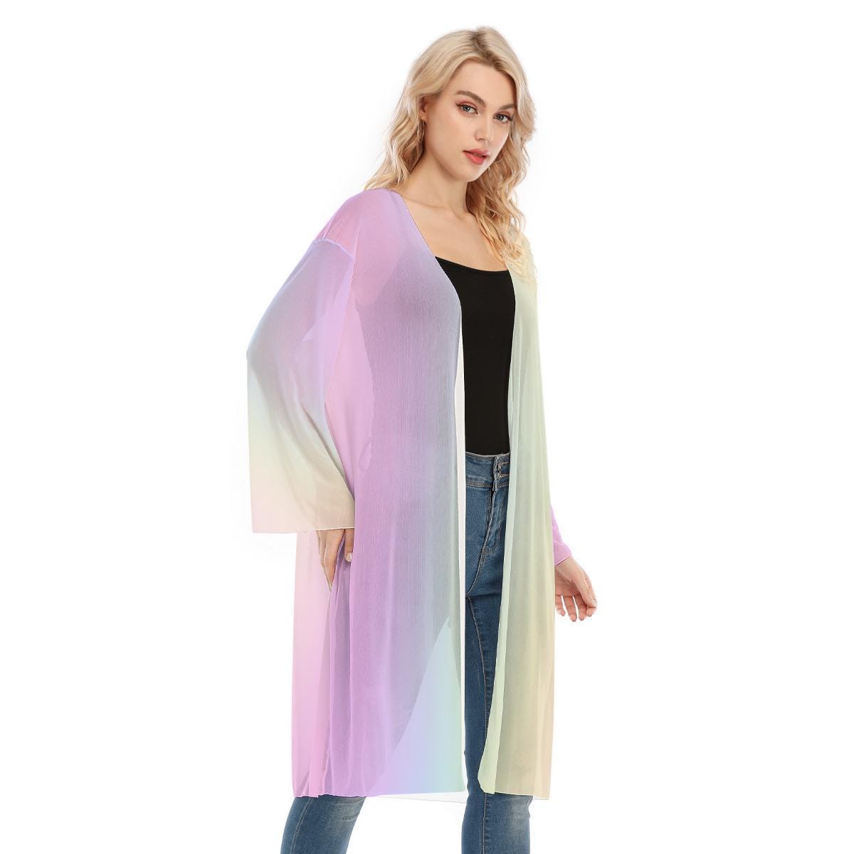 Pastel Rainbow Mesh Transparent Knee Length Cardigan - Lightweight Summer Layering Piece - Printspirationz