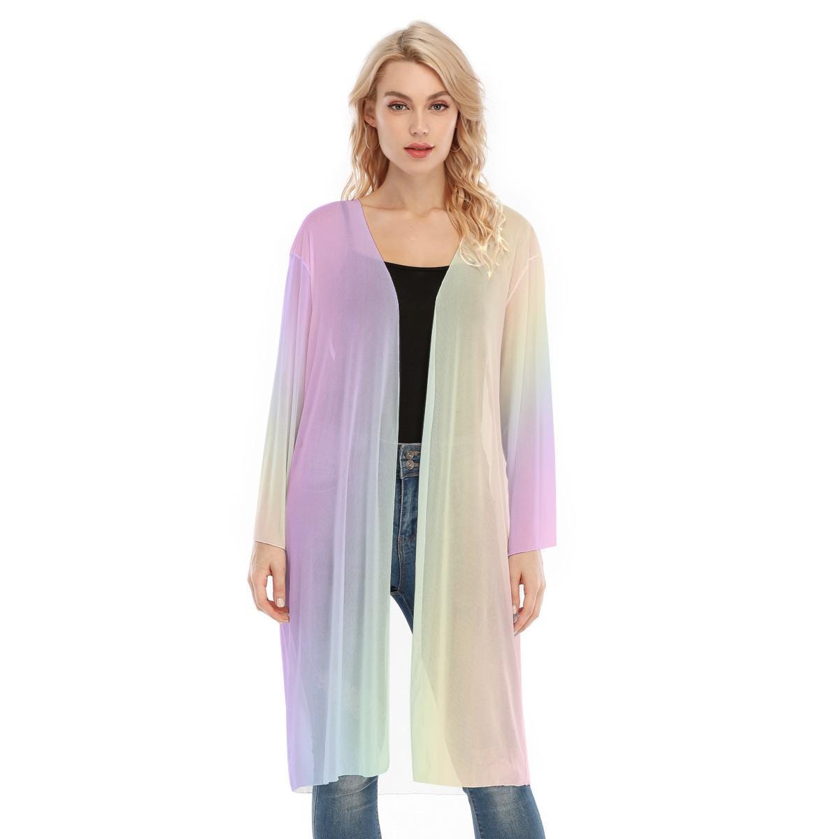 Pastel Rainbow Mesh Transparent Knee Length Cardigan - Lightweight Summer Layering Piece - Printspirationz